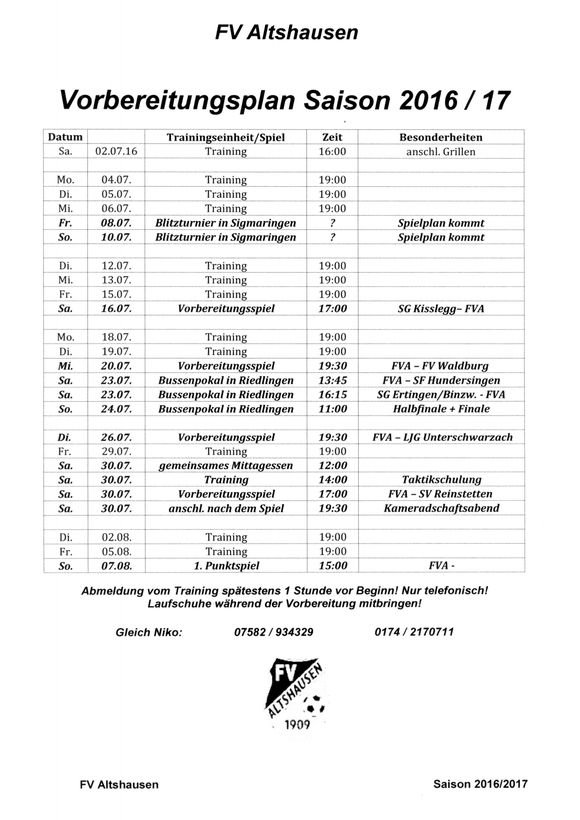 Trainingsplan für die Aktiven