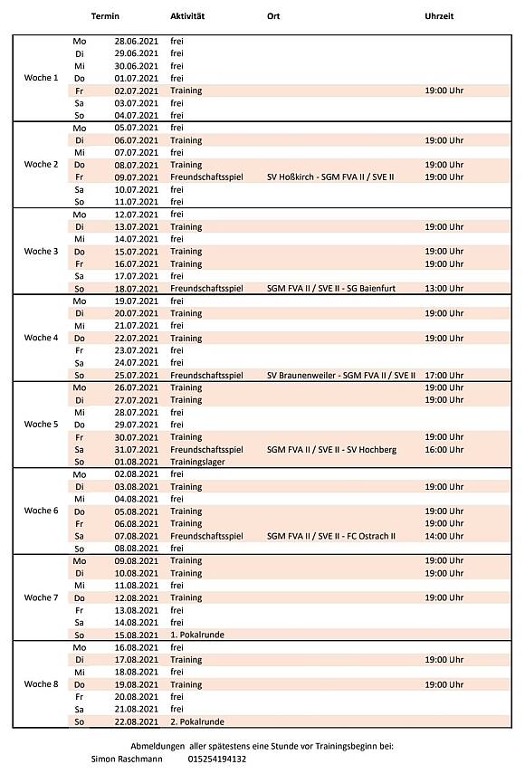 Trainingsplan 2. Mannschaft